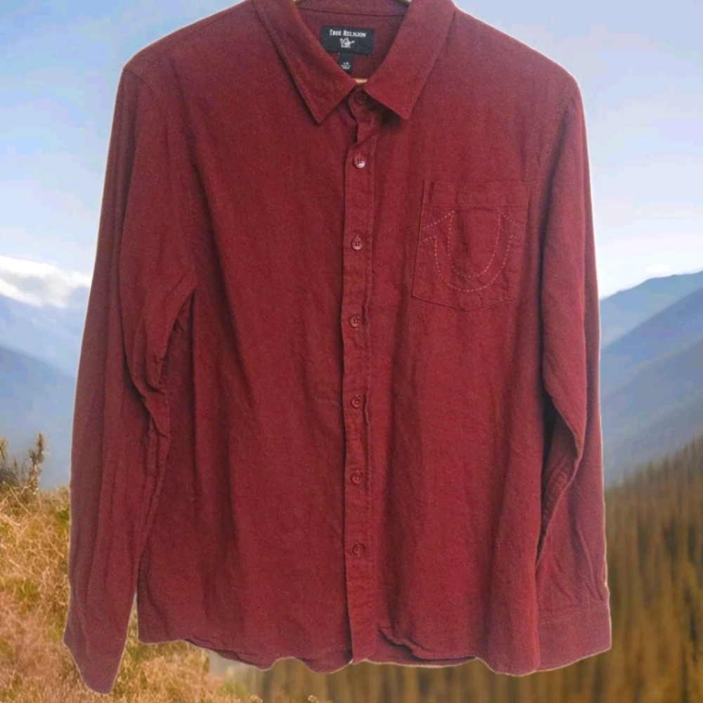 True Religion Men's Burgundy Button up Shirt Western Shoe Horn  Large